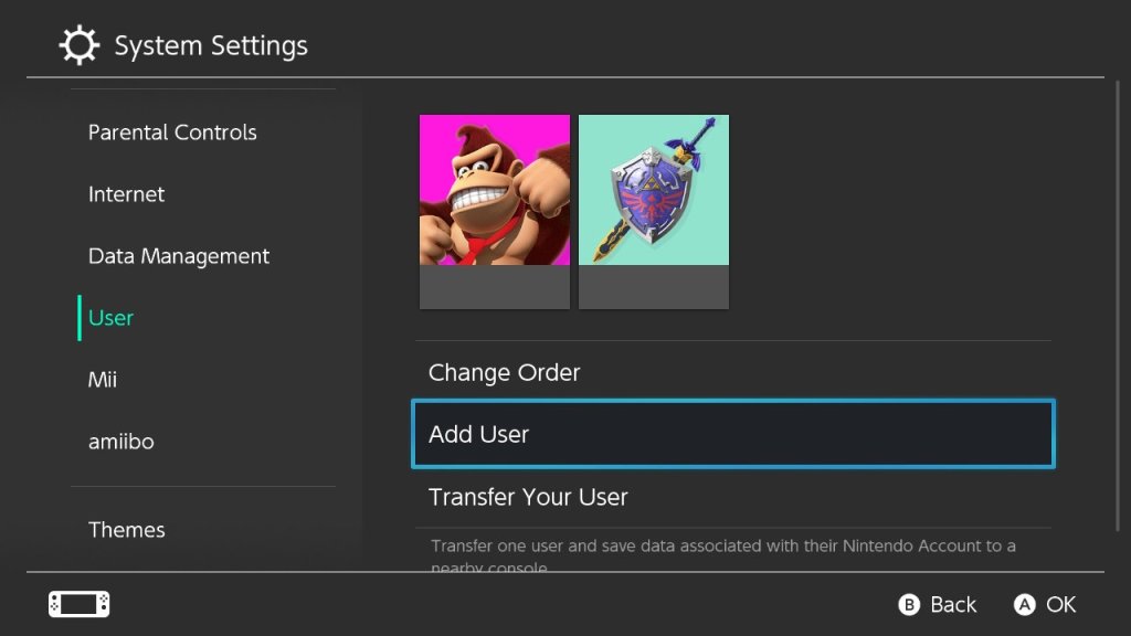 Screenshot from Nintendo Switch showing where users can add another user