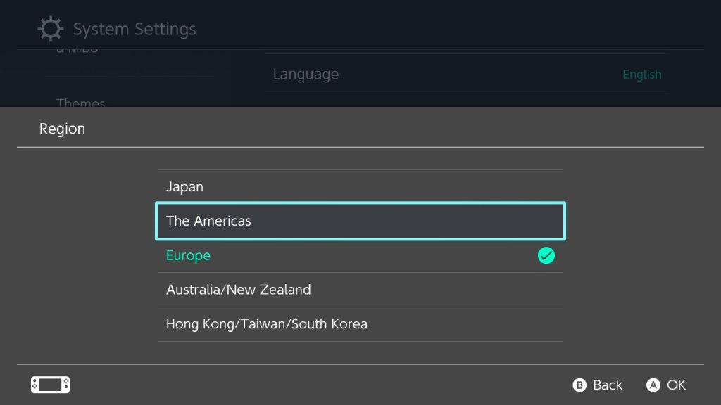 Screenshot from Nintendo switch showing where to choose regions inside System settings
