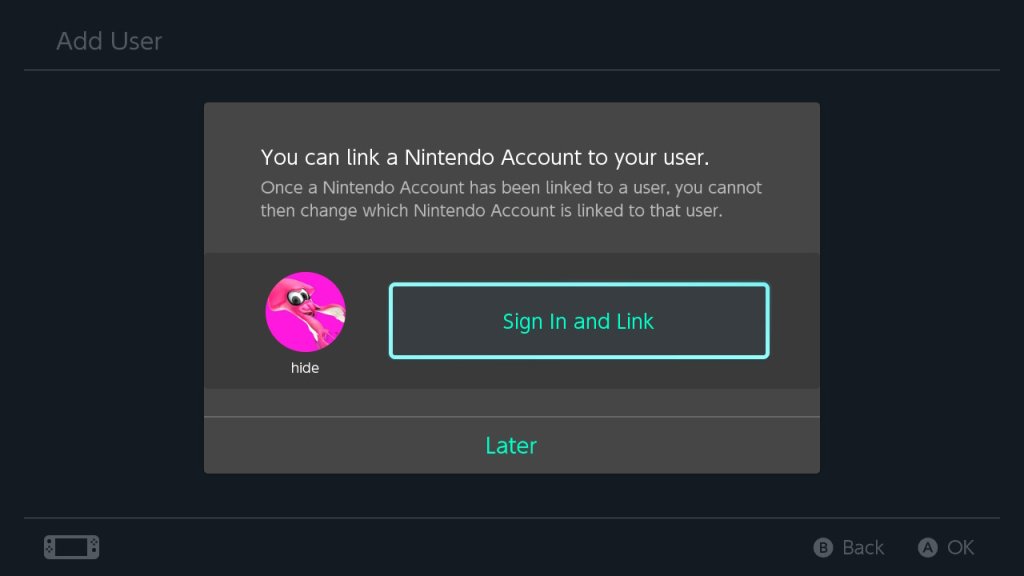 Screenshot from Nintendo Switch showing how to sign in and link additional user to account