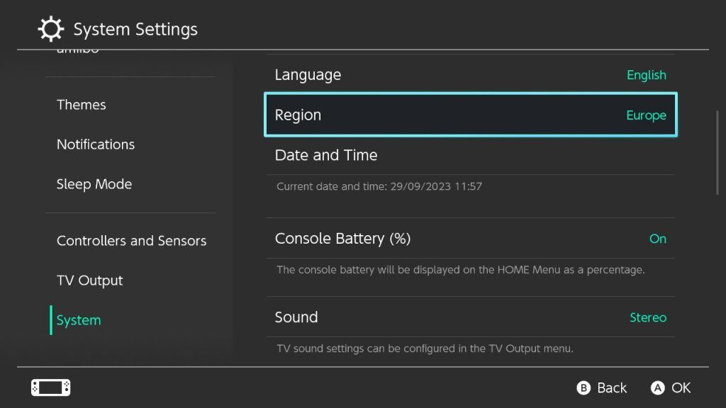 Screenshot from Nintendo switch showing where to change region in System settings