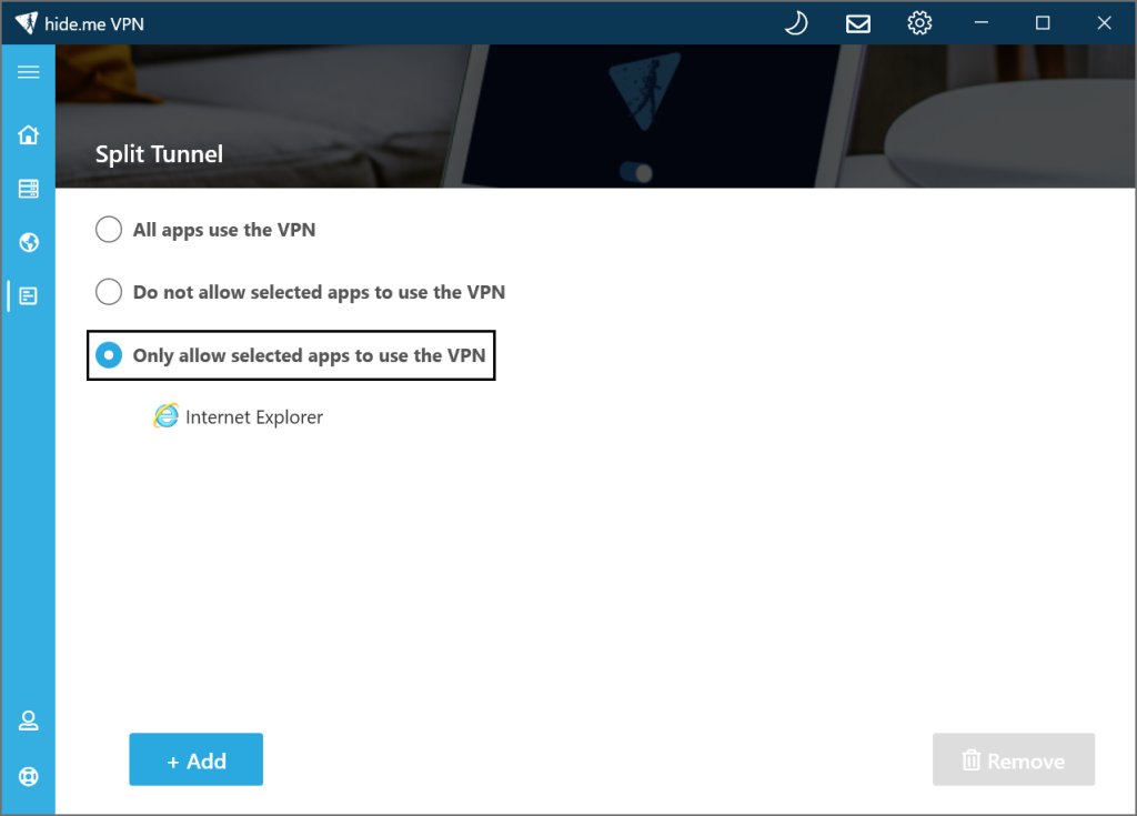 Screenshot from hide.me VPN application that shows how to choose option to allow selected apps to use VPN in split tunneling.