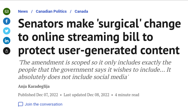 Screenshot of article about bill c-11 known as Online streaming bill.
