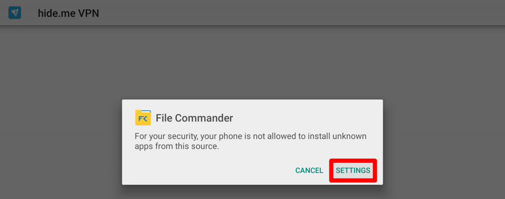 allowing file commander to install hide.me app from unknown source